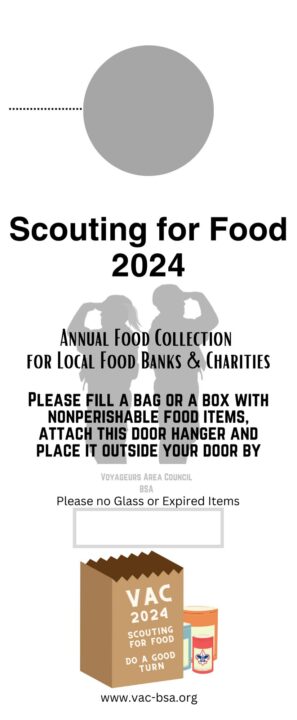 Scouting for Food 2024 Door Hanger, Voyageurs Area Council, Northern Minnesota, Wisconsin and Michigan, co-ed youth programs